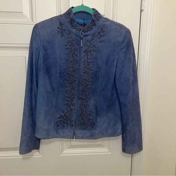 Lafayette 148 New York blue beaded suede blazer jacket zip front 10 - Picture 3 of 7